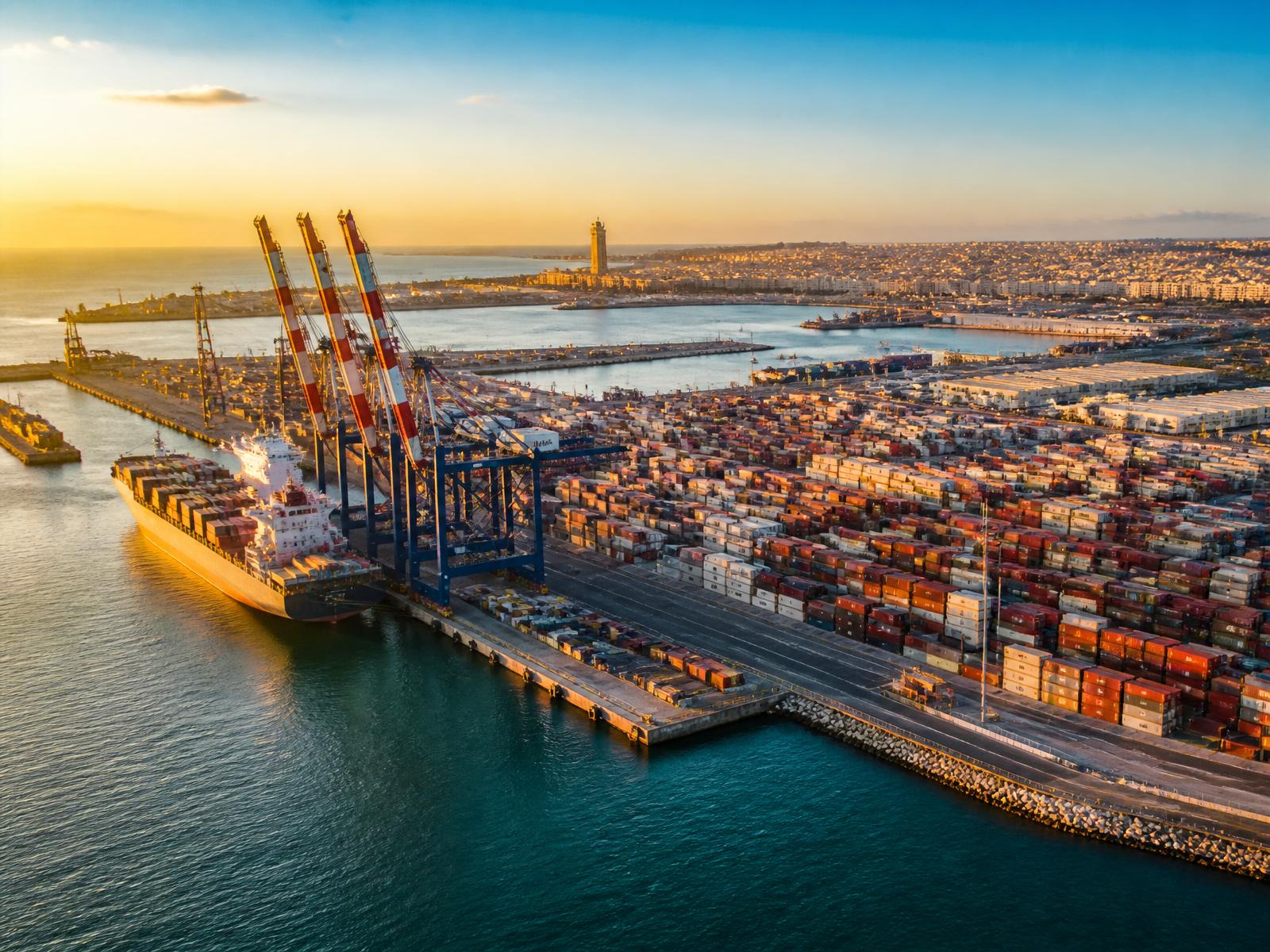 Port industriel de Casablanca au coucher du soleil