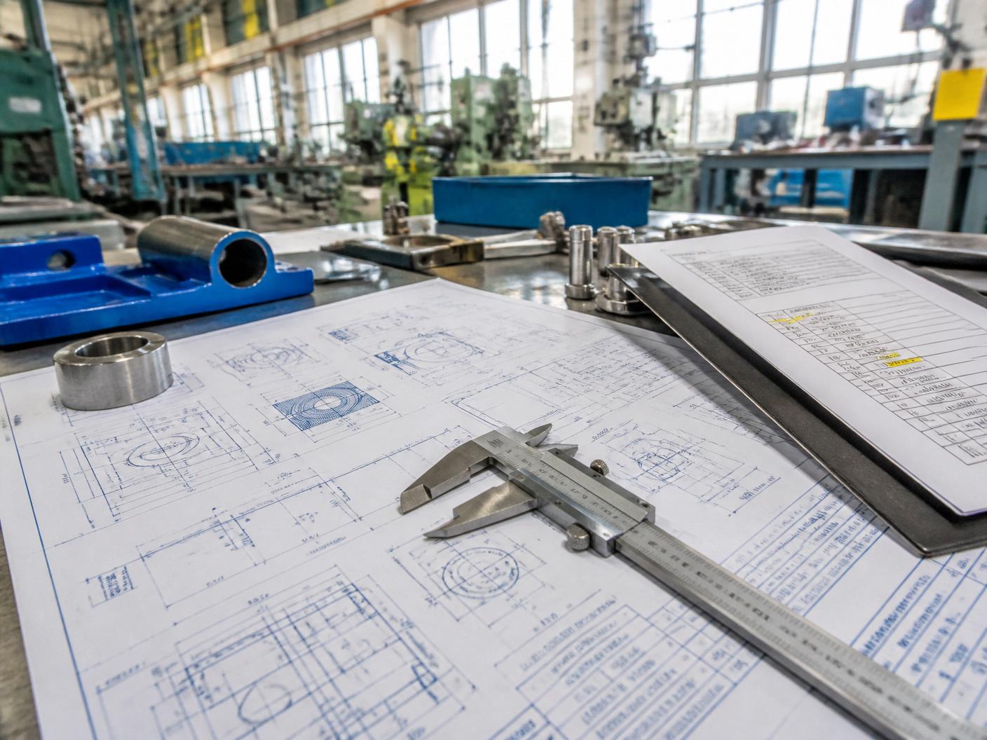 Plans de production et instruments de mesure sur un établi d'usine